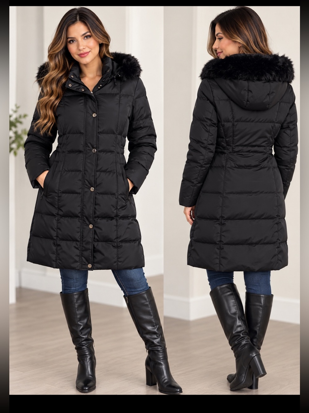 Apt. 9 Black Long Puffer Coat with Faux-Fur Hood